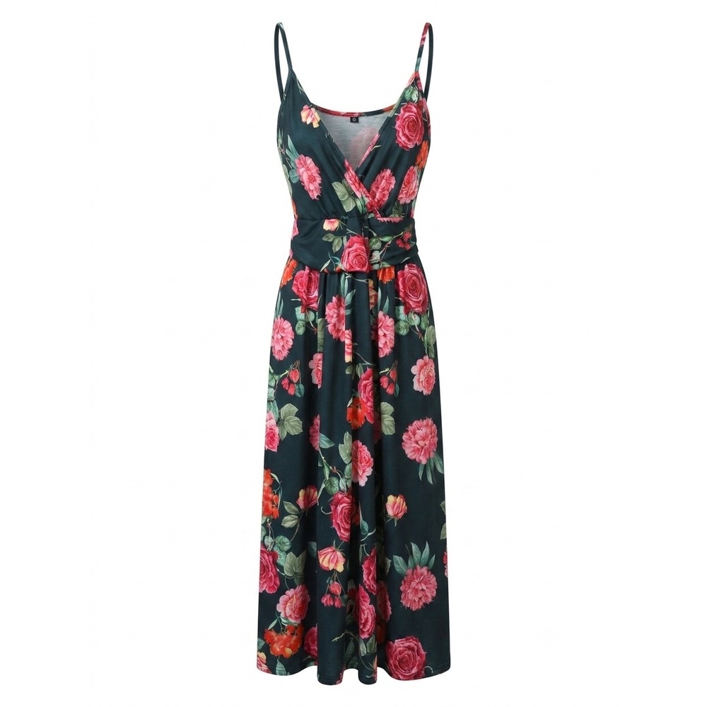 Unbranded Floral Maxi Dress Womens Size M Green Pink Rose Adjustable Straps
